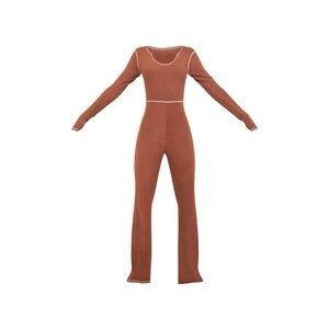 Tall Chocolate Detail Brushed Rib Flared Jumpsuit